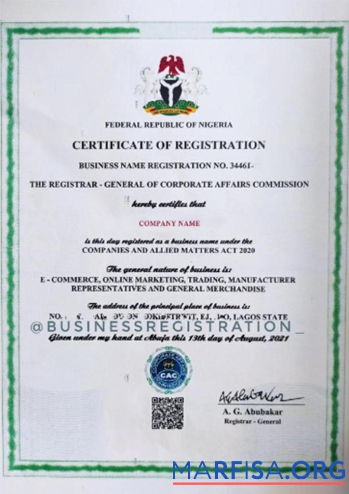 Realistic Nigeria Certificate of Registration example